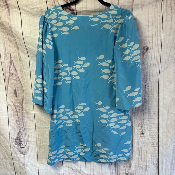 Bianca Coletti 100% Silk Preppy Blue Fish Pattern Beach Women's Dress M - Picture 2 of 6